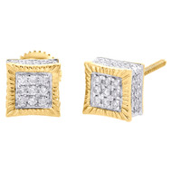 10K Yellow Gold Real Diamond 3D Square Cube Fluted Studs 6.75mm Earrings 1/3 CT.