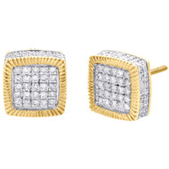 10K Yellow Gold Diamond 3D Square Cube Fluted Studs 10mm Pave Earrings 7/8 CT.