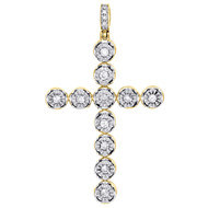 10K Yellow Gold Single Row Diamond Halo Cross Pendant 1.90" Mens Charm 1 Ct.