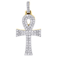 10K Yellow Gold Round Diamond Mini Ankh Cross Pendant  1" Unisex Charm 0.50 Ct.