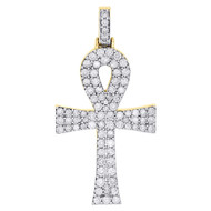 10K Yellow Gold Round Diamond Mini Ankh Cross Pendant  1.50" Mens Charm 1.50 Ct.