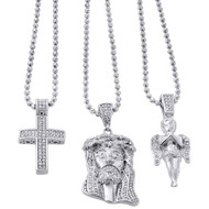 .925 Sterling Silver Real Diamond Mini Pave Jesus Pendant Angel & Cross Set 1 Ct