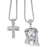 925 Sterling Silver Genuine Diamond Mini Pave Jesus Pendant and Cross Set .88 Ct