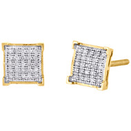 10K Yellow Gold Genuine Diamond Square 4 Prong Studs 7mm Pave Earrings 1/6 CT.