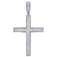 10K White Gold Diamond Mini Cross Pendant 0.33 Ct. Pave Set Concave Charm 1.62"