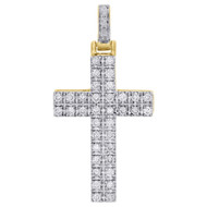 10K Yellow Gold Round Diamond 2 Row Cross Pendant 1.4" Mens Prong Set Charm 1 ct