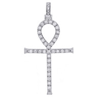 10K White Gold Round Diamond Ankh Cross Pendant 1.75" Mens Prong Set Charm 1 Ct.