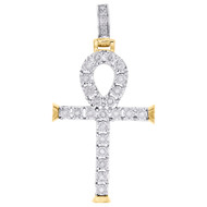 10K Yellow Gold Genuine Diamond Ankh Cross Pendant Prong Set 1.50" Charm 1/4 CT.