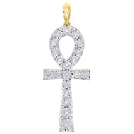 10K Yellow Gold Genuine Diamond Ankh Cross Pendant Prong Set 1.65" Charm 1/4 CT.