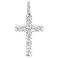 10K Yellow Gold Real Diamond Two Row Prong Set Cross Pendant 1.70" Charm 2 CT.