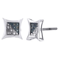 .925 Sterling Silver Round White & Blue Diamond Kite Small Stud Earrings .05 Ct.