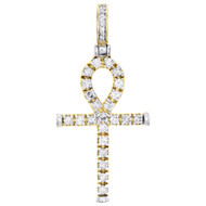 10K Yellow Gold Real Round Cut Diamond Ankh Cross Prong Set Pendant Charm 2 CT.