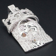 Mini Diamond Jesus Face Pendant .925 Sterling Silver Crown on Head Charm 0.60 Ct.