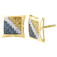 .925 Sterling Silver Round White Blue & Yellow Diamond Kite Stud Earrings .15 Ct