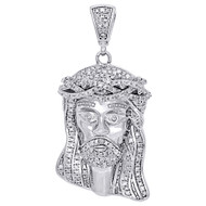 .925 Sterling Silver Mens Real Diamond Mini Micro Jesus Face Pendant Charm 1.40".