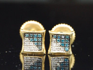 Blue Diamond Square Earrings .925 Sterling Silver Round Pave Studs 0.10 Ct.