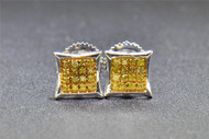 Yellow Diamond Studs 10K White Gold 0.10 CT Pave Kite Shaped Small Earrings