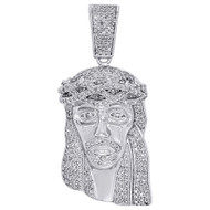 10K White Gold Diamond Mini Jesus Face Piece Pendant 1.70" Mens Pave Charm 1 ct.