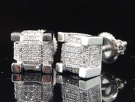 Diamond 3D Cube Earrings Mens 10K White Gold 4 Prong Round Cut Studs 0.25 Tcw.