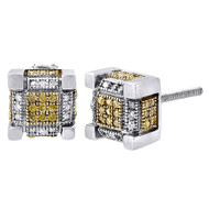 10K White Gold Round Yellow Pave Diamond 3D Cube Men's Stud Earrings 0.28 Ct.