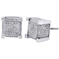 .925 Sterling Silver Round Pave Diamond 3D Cube Stud Earrings 1.05 Ct.