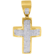 Diamond Mini Domed Cross Pendant 10K Yellow Gold Solid Side Wall Charm 0.85 Ct.