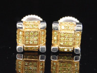 Yellow Diamond Studs .925 Sterling Silver Round Pave 3D Cube Earrings 0.28 Ct.