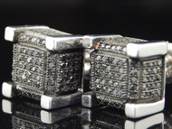 Black Diamond Cube Earrings .925 Sterling Silver Round Pave Studs 0.75 Ct.