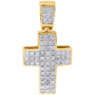 Diamond Mini Domed Cross Pendant 10K Yellow Gold Round Cut Pave Charm 0.52 Ct.