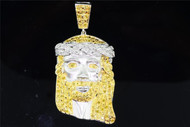 Yellow Diamond Jesus Face Pendant Sterling Silver White Finish Charm 0.55 Ctw.
