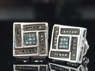 Blue & Black Diamond Square Studs Mens White Gold Designer Earrings 0.35 Tcw.