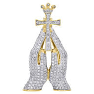 10K Yellow Gold Diamond Praying Hands Holding Cross Crown Pendant Charm 1 Ct.