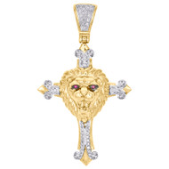 10K Yellow Gold Red Eyes Lion Head w/ Diamond Cross Pendant 1.96" (0.35 Ct.)