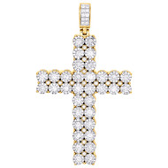 14K Yellow Gold Solid Back Full Cut Diamond 2 Row Cross Pendant 2.9" Charm 9 CT.