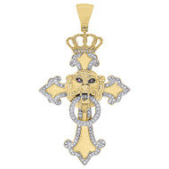 10K Yellow Gold Genuine Diamond Lion Head Crown Cross Pendant Pave Charm 0.61 Ct