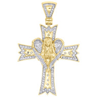 10K Yellow Gold Diamond Cross Angel Heart Pendant 2" Jagged Edge Charm 0.81 CT.