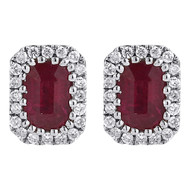 Diamond Red Ruby Earrings Ladies 14K White Gold Rectangle Halo Studs 1.78 Tcw.