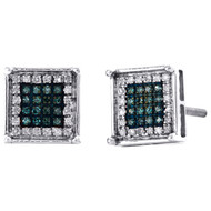 10K White Gold Blue Diamond 4 Prong Square Studs 8.50mm Pave Earrings 1/4 CT.
