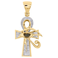 10K Yellow Gold Real Diamond Evil Eye Ankh Cross Pendant 1.70" Charm 0.41 CT.