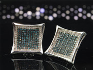 Blue Diamond Kite Earrings 10K White Gold Round Pave Square Studs 0.91 Tcw.