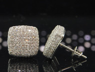 Diamond 3D Square Earrings 10K White Gold Round Cut Pave Designer Studs 1.25 Tcw