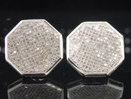 Diamond Octagon Studs 10K White Gold Round Cut Pave Earrings 0.95 Tcw.