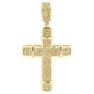 Yellow Diamond Cross Pendant Mens 10K Gold Round Pave Design Charm 0.35 Tcw.