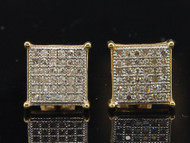 Diamond Square Earrings Mens 10K Yellow Gold Round Pave Studs 1/4 Tcw.