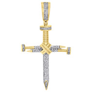 10K Yellow Gold Nail Cross X Accent Genuine Diamond Pendant 1.85" Charm 0.38 Ct.