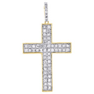 10K Yellow Gold Real Diamond Cross Pendant 1.65" Mens Two Row Pave Charm 1.06 Ct