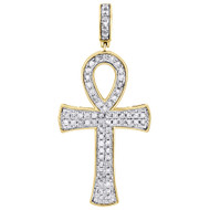 10K Yellow Gold Round Diamond Egyptian Ankh Cross Pendant 2" Pave Charm 1.02 CT.
