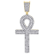 10K Yellow Gold Diamond Egyptian Ankh Cross 2.10" Pendant Mens Charm 1.72 ct.