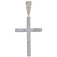 10K Yellow Gold Diamond Cross Pendant Tube Domed Mens Pave 2.10" Charm 0.89 Ct.
