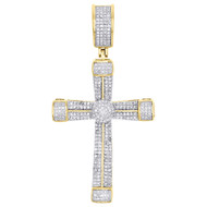 10K Yellow Gold Diamond Cross Designer Pendant 1.90" Men's Pave Charm 0.42 CT.